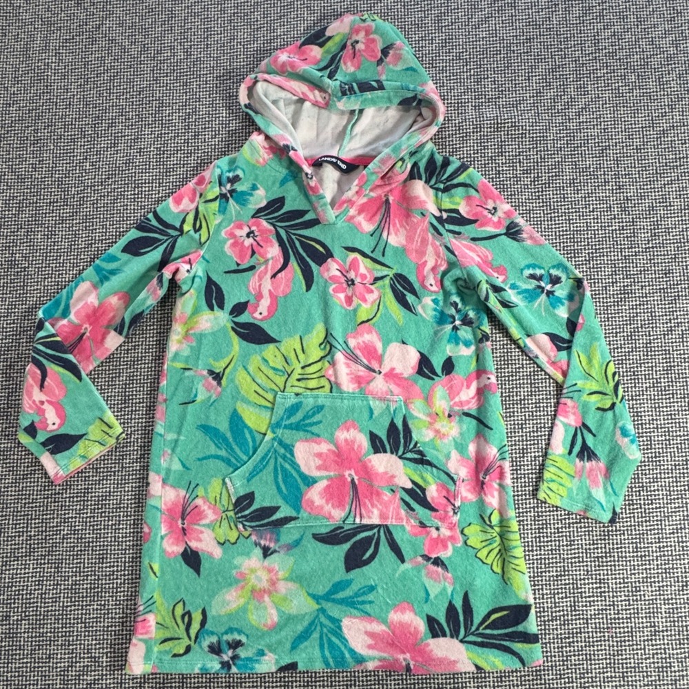 Lands End Girls Teal Pink Floral Terry Cloth Hooded Swim Cover Up Size M 10-12
